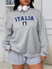 SHEIN EZwear Freizeitliches, einfach gestaltetes Sweatshirt in Große Größen mit lockerer Passform, Rundhalsausschnitt und Langarm mit Buchstaben-Muster, Herbst/Winter