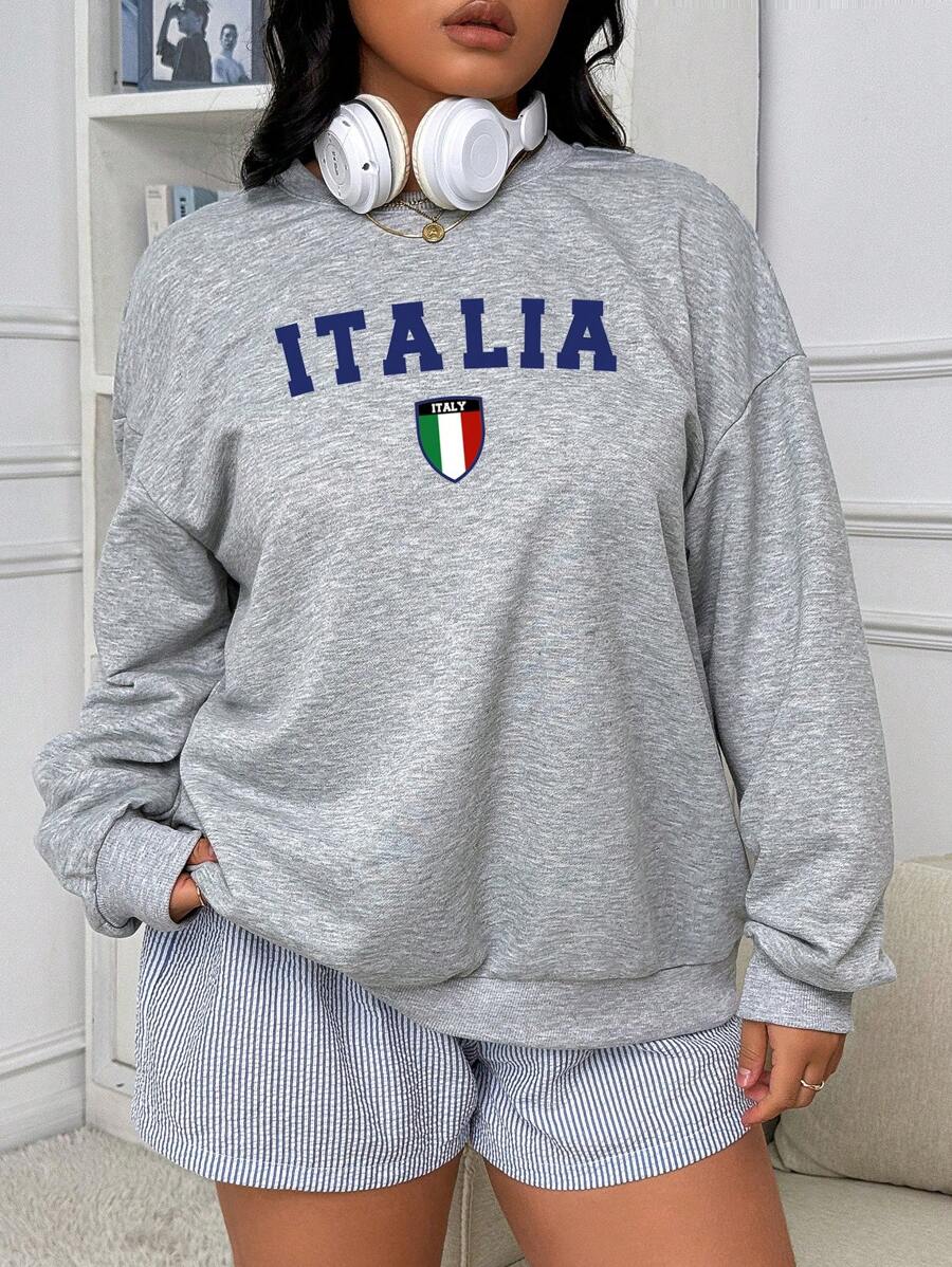 SHEIN EZwear Freizeitliches, einfach gestaltetes Sweatshirt in Große Größen mit lockerer Passform, Rundhalsausschnitt und Langarm mit Buchstaben-Muster, Herbst/Winter