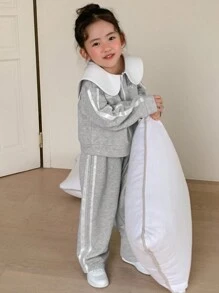 DAZY 2 件套年轻女孩纯色拼接前拉链长袖上衣和裤子套装