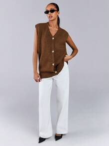 Athîral Women's Solid Color Front Button Sleeveless Casual Sweater Vest - Rust Brown - View 3