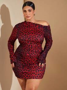 SHEIN BAE Plus Size Fall Sexy Wild Brown Leopard Pattern Knitted Print Asymmetric Long-Sleeved Mini Dress - Burgundy - View 5