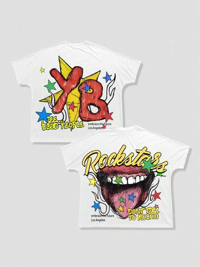 Street Life Camiseta de manga corta con estampado de lema de labios para hombre