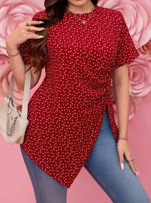 SHEIN LUNE Áo thun ngày lễ tình nhân cổ tròn tay ngắn họa tiết hình trái tim cỡ lớn viền bất đối xứng viền áo thun năm mới họa tiết trái tim đỏ mùa hè dành cho nữ Áo thun mùa hè họa tiết trái tim đỏ dành cho nữ, quần áo ngày lễ tình nhân mùa hè dành cho nữ - Đỏ - Xem 4