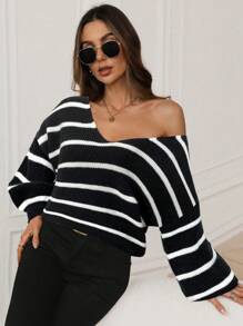 SHEIN LUNE V-Neck Open Back Tie-Up Striped Casual Commuting Outdoor Knitted Sweater For Women, Warm For Autumn/Winter