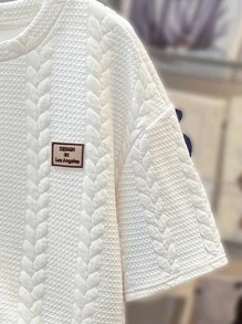 SHEIN Leap Crew 2pcs Teen Boys Casual Versatile Comfortable Warm Super Highly Attractive For Money Net Colour Textured Knit Leisure Printed Round Neck T-Shirt Shorts Suit;Suitable For Spring, Suitable For Spring/Summer Outing, Spring - White - View 5