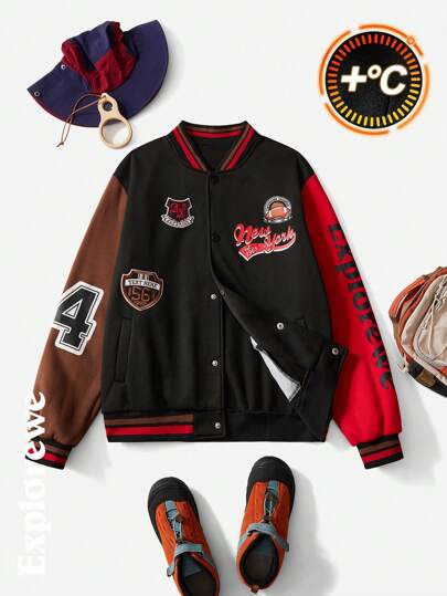 SHEIN 1pc Urban Casual Style Baseball Collar Patch Design Jacket, Comfortable & Versatile, Suitable For Teenage Boys Outings, Sports, Hangout, Street Photography & Various Occasions