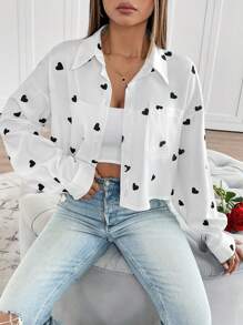 EMERY ROSE 女士情人节心形花卉不对称下摆衬衫 - 白色 - 查看 6