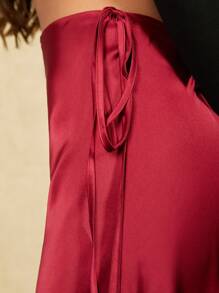 Forever 21 Vêtements d'hiver pour femmes Nouvelle jupe longue de soirée de Noël à taille basse avec cordon de serrage, jupe sirène en satin, jupe sexy bordeaux pour le Nouvel An pour femmes - Rouge foncé - Voir 4