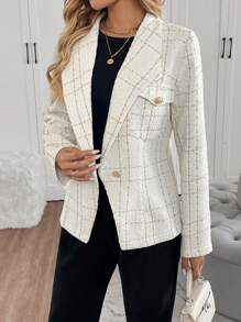 SHEIN Clasi 女士修身优雅西装外套，带口袋设计，秋冬 - 白色 - 查看 3