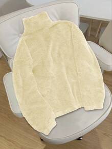 Aesthetic Post--Men's Plain Zip-Up Half-Placket Long Sleeve Fleece Casual Loose Sweatshirt, Autumn/Winter - Apricot - View 2