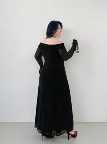 SHEIN Privé 大码优雅时尚黑色长袖荷叶边下摆网眼连衣裙，性感系带，节日，新年，派对，办公室，休闲，春秋，海滩 - 黑色 - 查看 3