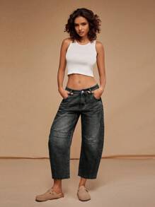 Forever 21 Autumn/Winter New Low-Rise Carrot Fit Faded Light Wash 7/8 Length Personalized Street Style Loose Fit Jeans - Black - View 5