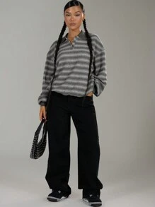 MUSERA Collared Striped Knit Sweater Spring Casual Y2k 90's Stripe Oversized Airport Festival Fall Back To School - Grey - View 3