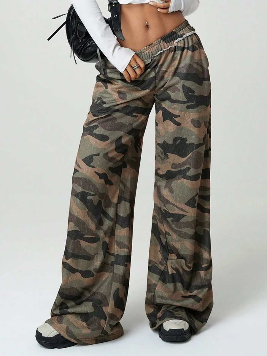 SHEIN ICON 时尚低腰迷彩印花阔腿裤 - 軍綠色 - 查看 1