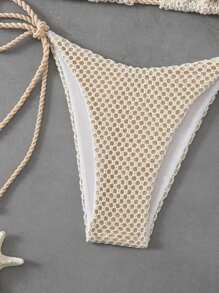 2pcs Women Summer Beach Outfit, Plain Textured Fabric Halter Triangle Bikini Top And Side Tie Swim Bottoms