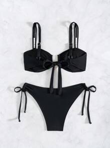 Women's Solid Color Pearl Strap Metal Buckle Backless Tie Bikini Set, Beach Outfits For Summer Beach Vacation