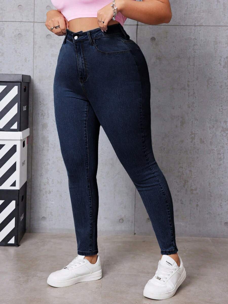 SHEIN EZwear Plus Size Casual High Waist Slim Fit Jeans - Dark Wash - View 1