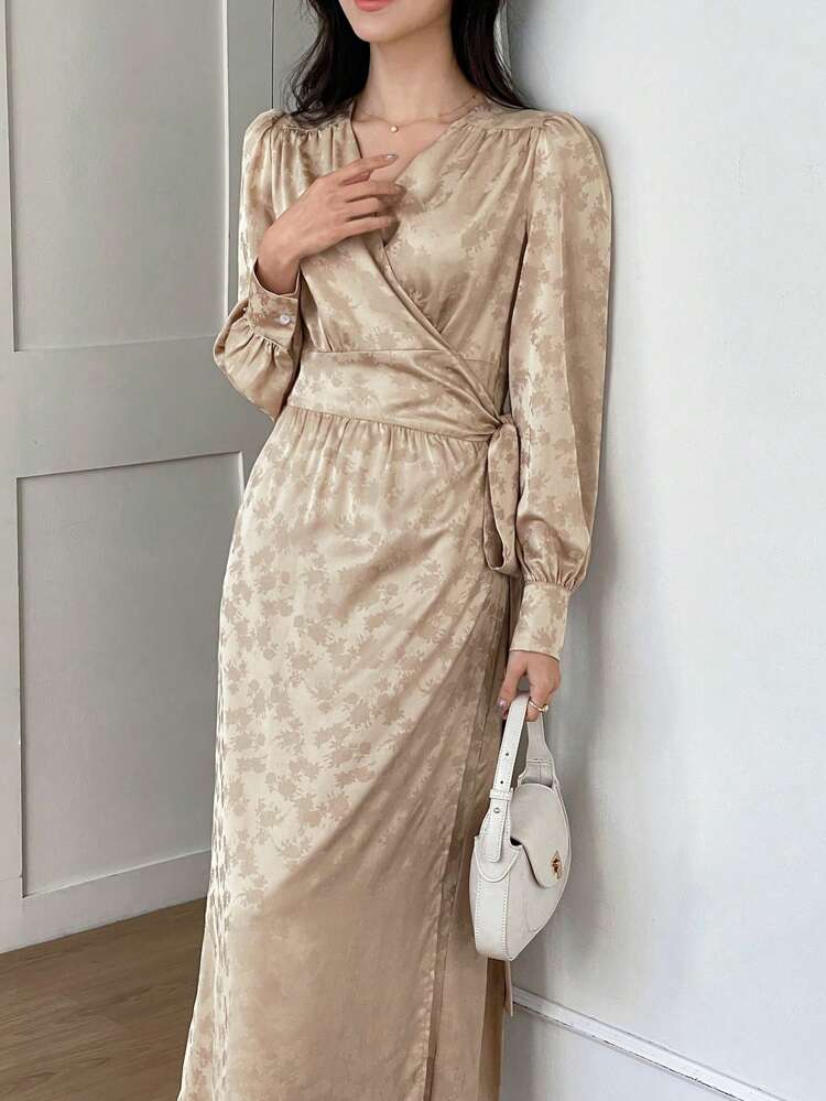 1pc Custom Printed French Style Graceful White Tower Pattern Wrap Dress,Fall Dress Long Sleeve Dress