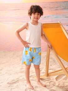 Young Boy Cartoon Duck Pattern Square Swim Trunks - Baby Blue - View 5