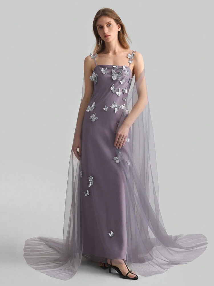 Women's Luxury Elegant Party Glitter 3D Butterfly Mesh Slip Dress, Pastel Purple