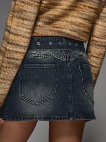 MISSGUIDED Washed Faded Back Rhinestone Detail Belted Bodycon Mini Denim Mini Skirt