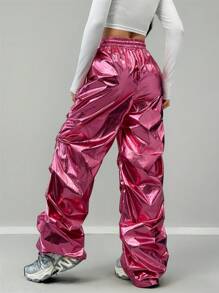 Pantalones rosas de paracaídas con cintura elástica y bolsillos para mujer, estilo Y2K