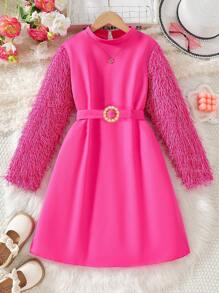 SHEIN Tween Girl Turtleneck Fluffy Long Sleeve Waist Tie Dress - Hot Pink - View 1