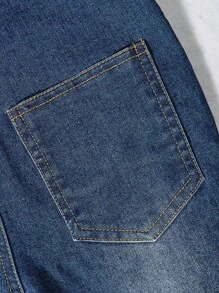 SHEIN 年轻女孩破洞牛仔背带裤，舒适柔软棉质破洞休闲时尚工装裤，春秋季 - 深色水洗藍 - 查看 5