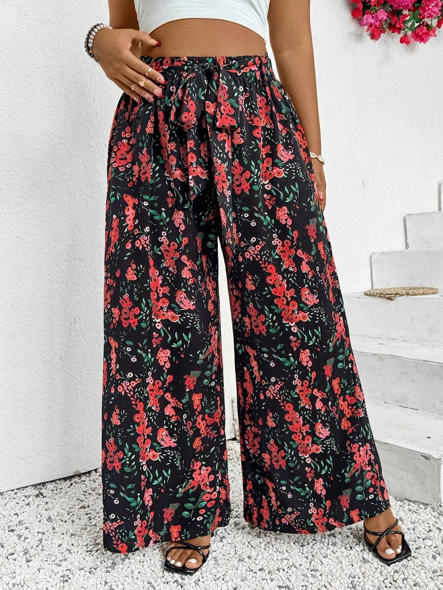 SHEIN VCAY 大码花卉印花前系带休闲阔腿裤情人节服装浪漫