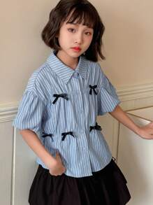 Dazy Kids Tween Girl Striped Bowknot Contrast Color Short Sleeve Fashionable Shirt, Summer,Back To School Clothes - Blue - View 3