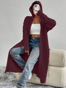 SHEIN Unity Fashion Versatile Solid Color Hooded Long Cardigan, Autumn/Winter - Red - View 4