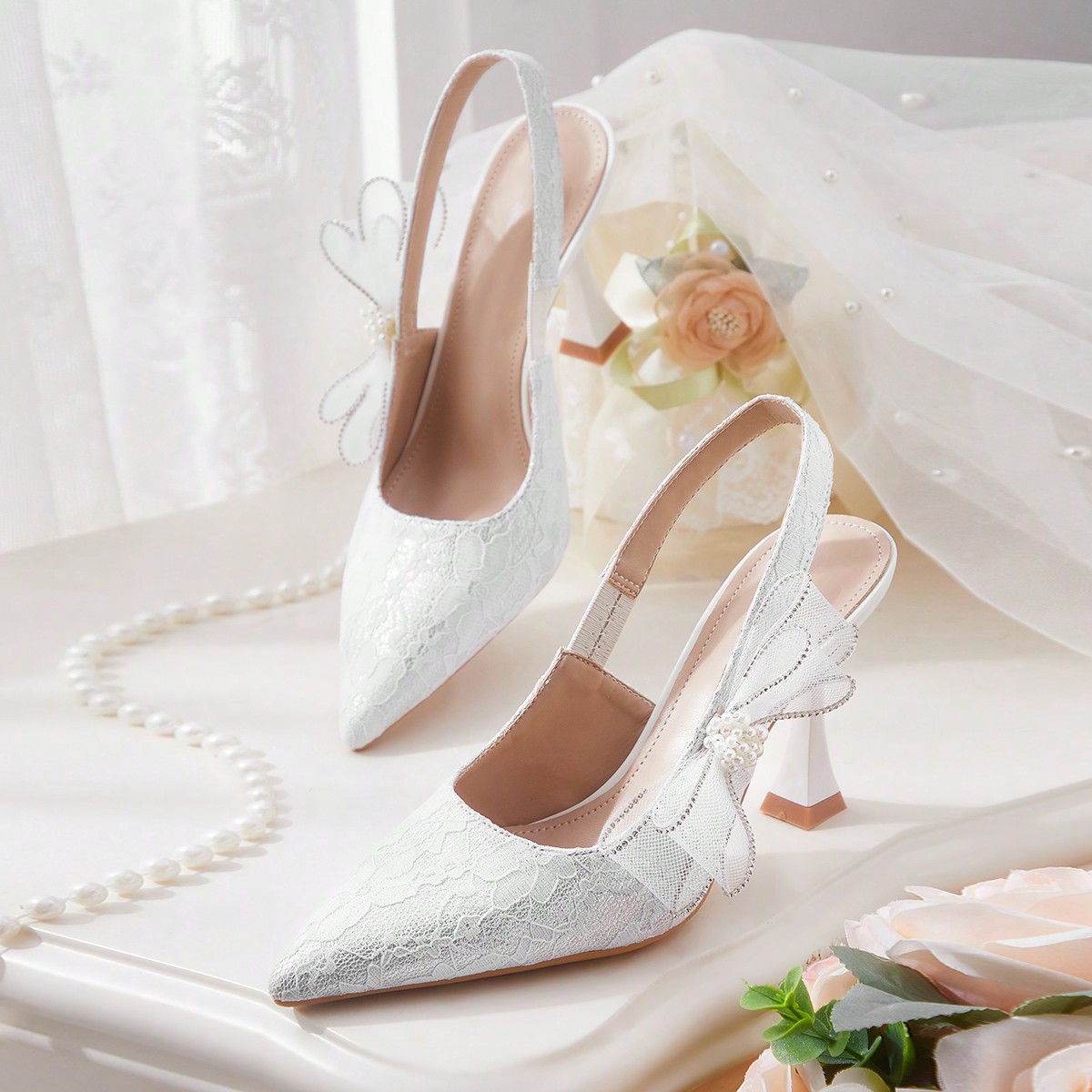 Zapatos de tacón alto con lazo y encaje blanco para mujer, elegantes zapatos de tira trasera para ir al trabajo, citas, bodas, eventos formales y pri