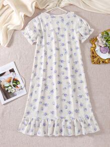 SHEIN Mädchen elegantes lila Blume Muster Nachthemd, bequemes Hauskleid - Violett - Übersicht 2