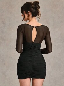 SHEIN BAE Solid Color Chocolate/Brown/Coffee Elegant Wrap With Ruched Lace Trim Long Sleeve Mini Dress, Suitable For Graduation Party, Formal Occasions, Cocktail Party, Romantic Date, Autumn/Winter Slip Dress, Party, Clubbing, Formal Gathering, Bridesmaid Dress, Night Out, Halloween, Christmas