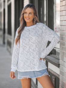 SHEIN LUNE 女士蕾丝弹性针织宽松长袖休闲 T 恤 - 白色 - 查看 3