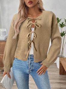 EMERY ROSE Women's Solid Color Front Tie Long Sleeve Basic Top, Casual Daily Wear - Camel - View 6