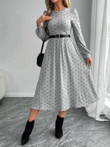 EMERY ROSE Women's Round Neck All-Over Print Casual Mid-Length Dress Long Sleeve Dress Dresses For Women Elegant