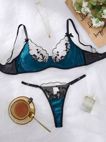 2 piezas Conjunto de lencería elegante de mujer con bordado floral de malla