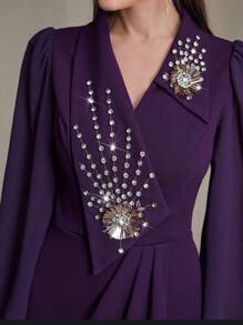 Modelyn 优雅派对女士水钻装饰灯笼袖裹身长裙长款晚礼服