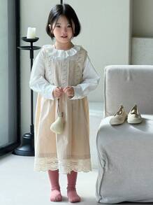 DAZY 2pcs/Set Young Girl Girls Round Neck Long Sleeve Woven Shirt + Jumper Dress, Spring/Summer - Beige - View 8