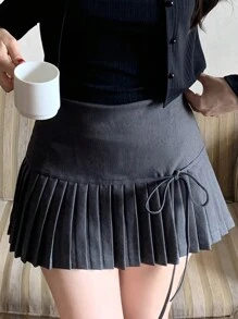 DAZY 女式拼色系带百褶迷你裙，纯色，深灰色，适合所有季节秋季 - 深灰色 - 查看 3