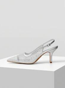 MOTF PREMIUM RHINESTONE POINT TOE SLINGBACKS PUMPS, FOR VALENTINE'S DAY, SPRING BREAK EASTER PROM HEELS - Silver - View 2