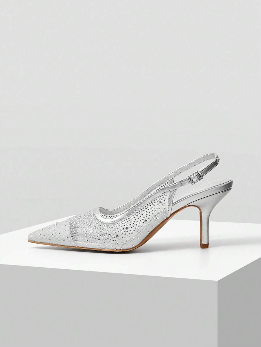 MOTF PREMIUM RHINESTONE POINT TOE SLINGBACKS PUMPS, FOR VALENTINE'S DAY, SPRING BREAK EASTER PROM HEELS - Silver - View 2