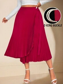 SHEIN Unity Falda larga plisada de talle alto de línea A de unicolor elegante para mujer de talla grande, de moda y versátil, para otoño/invierno - Verde - Ver 1