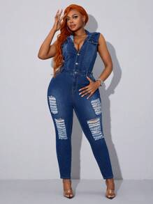 SHEIN SXY 大码前扣无袖破洞简约休闲牛仔连体裤 - 藍色 - 查看 1