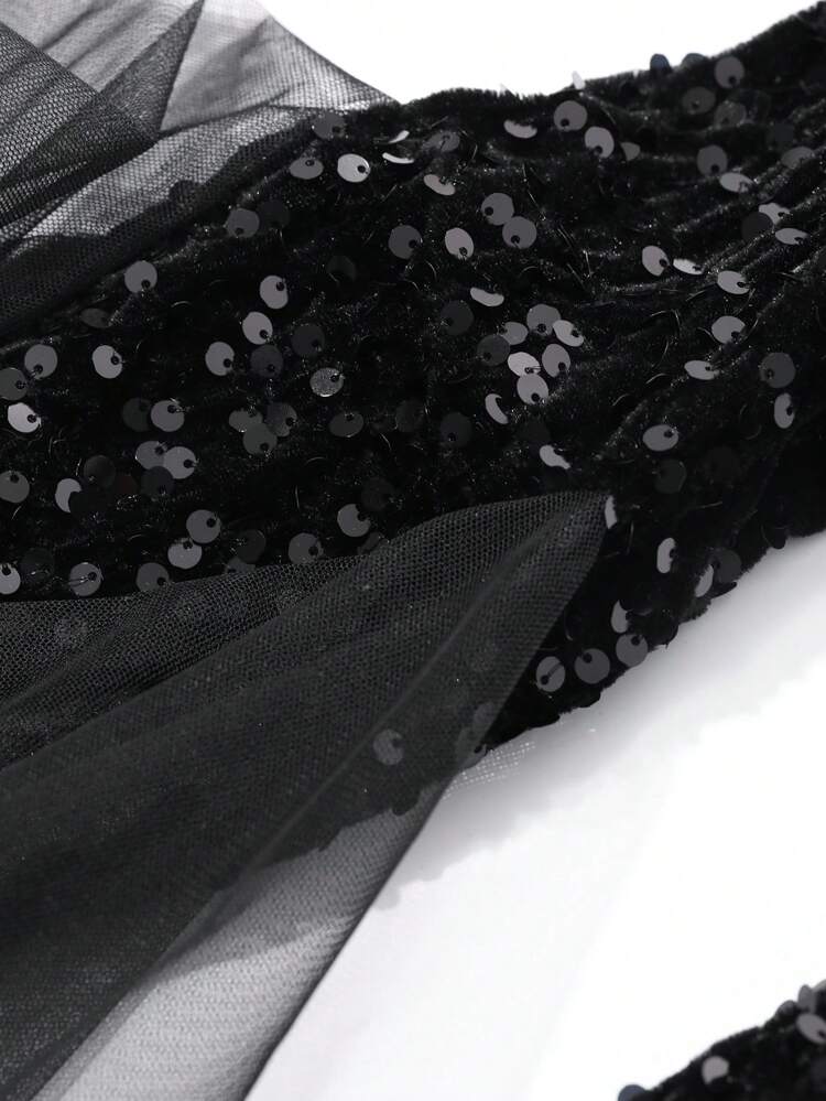 Vestido de Lantejoulas com Mangas Bufantes e Decote em V para Mulheres, Vestido de Festa, Vestido de Formatura Primavera/Verão para Mulheres, Vestido de Homecoming com Babados Luxuoso e Elegante, Vestido Novo Ano, Vestido Brilhante do Dia dos Namorados, Vestido Longo