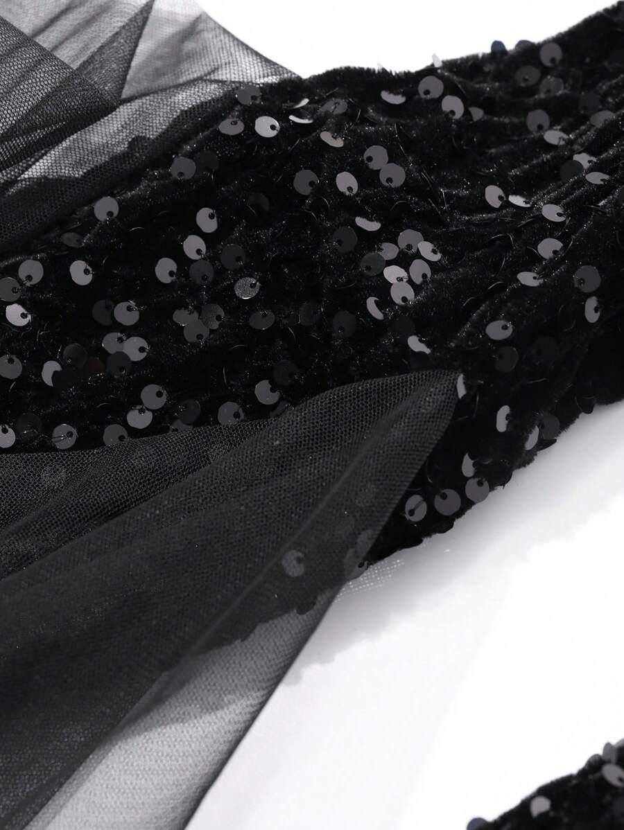 DAZY 女士V领喇叭袖亮片连衣裙，晚礼服，春夏舞会礼服，派对女士荷叶边返校礼服，奢华优雅女士连衣裙，新年夜礼服，情人节闪亮连衣裙 - 黑色 - 查看 1