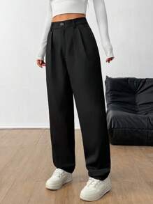 Chiquease Pantalones casuales sólidos con botones delanteros simples para uso diario de mujer