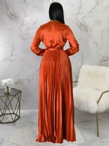 Women's Solid Color Pleated Hem Casual Dress, Simple & Fashionable For Everyday Wear Elegant Spring - 橘色 - 查看 4