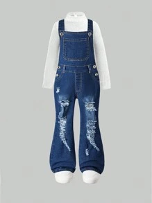 SHEIN 年轻女孩破洞牛仔背带裤，舒适柔软棉质破洞休闲时尚工装裤，春秋季 - 深色水洗藍 - 查看 1